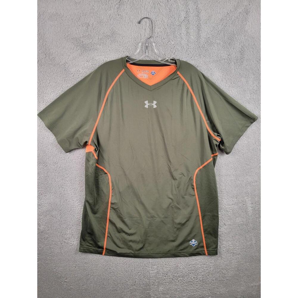 Under Armour Men’s Fitted Heatgear 2XL Green Orange Short Sleeve Shirt V-Neck